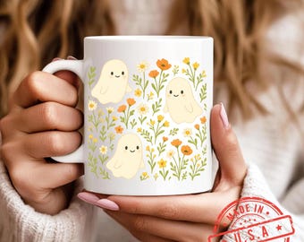 Cute Ghost Mug, Friendly Ghost Coffee Cup with Wildflowers, Spooky Cute Halloween Mug, Cozy Ghost Lover Gift, Fall Coffee Tea Cup