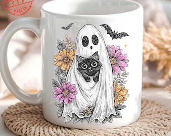 Ghost Cat Mug, Cute Halloween Black Cat Cup, Spooky Floral Ghost Coffee Mug, Cozy Autumn Witchy Mug, Halloween Gift for Cat Lovers