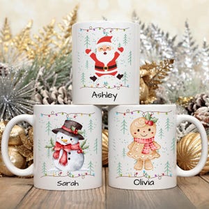 Personalized Christmas Mug, Custom Santa Claus Gingerbread Snowman Mug, Kids Name Hot Cocoa Cup, Holiday Coffee Mug, Xmas Gift