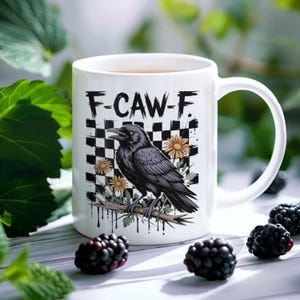 F-CAW-F Crow Mug, Funny Raven Coffee Cup, Gothic Bird Checkerboard Mug, Alternative Aesthetic Mug, Spooky Floral Raven Gift, halloween Gift