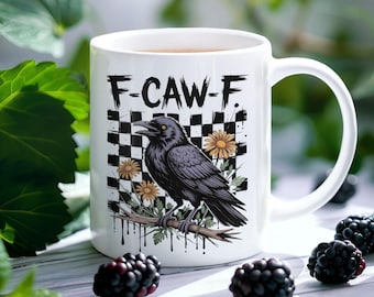 F-CAW-F Crow Mug, Funny Raven Coffee Cup, Gothic Bird Checkerboard Mug, Alternative Aesthetic Mug, Spooky Floral Raven Gift, halloween Gift