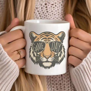 Tigers with Game Day Glasses Mug, Football Mug, Cute Game Day Coffee Cup, Mascot Mug, Football Mom Gift Cup