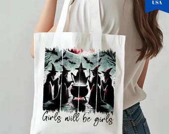 Vintage Girls Will Be Girls Witch Bag, Funny Witch Vintage Tote, Vintage Feminist Women Tote, Witchy Vibes Tote Bag, Halloween Gift Tote