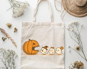 Pumpaätande spöke-tygkasse, rolig Halloween-shoppingkasse, läskig bus- eller godiskasse, återanvändbar Halloween-tygkasse, Halloweenpresent