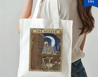 Borsa tote The Reader Skeleton, borsa gotica per gli amanti dei libri, borsa tote spettrale per Halloween, borsa riutilizzabile per la lettura Skeleton, regalo Dark Academia