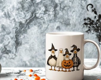 Funny Halloween Goose Mug, Witch Ghost & Pumpkin Coffee Cup, Halloween Gift, Coffee Lover Gift, Fall Coffee Tea Cup, Skeleton Mug