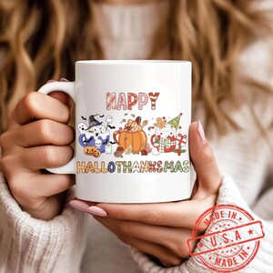 Happy HalloThanksMas Mug, Halloween Thanksgiving Christmas Mug, Funny Holiday Gift, Fall Winter Holiday Coffee Cup, Spooky Turkey Xmas Gift