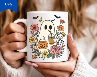 Ghost Halloween Mug, Cute Spooky Coffee Cup, Fall Pumpkin Ghost Mug, Cozy Autumn Floral Mug, Halloween Gift for Her