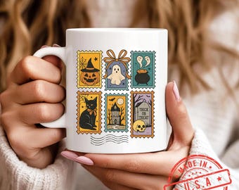 Halloween Stamp Mug, Spooky Ghost Pumpkin Cat Coffee Cup, Trick or Treat Witchy Tea Cup, Cute Fall Autumn Mug Gift