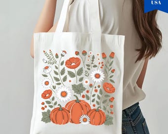 Borsa tote autunnale con zucca, borsa in tela floreale autunnale, borsa tote del mercato del Ringraziamento, borsa tote con spezie e zucca, grazioso regalo autunnale, borsa riutilizzabile ecologica