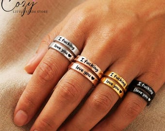 I Fcking Love You Ring, Open Adjustable Stainless Steel Engraved Heart Spiral Wrap Twist Vintage Promise Ring Gift for Women