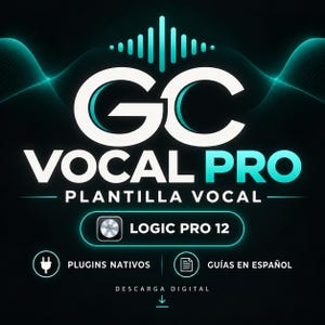 May include: A digital graphic for GC VOCAL PRO, a vocal template for Logic Pro 12. The design features a black background with cyan glowing wave patterns, white text, and icons for native plugins and Spanish guides, with a digital download arrow.