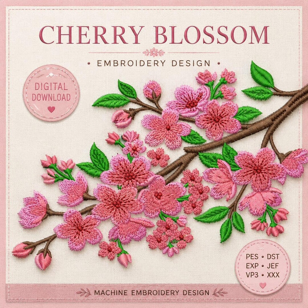 Japanese Cherry Blossom Embroidery Design – Sakura Branch, 7 Color DST ...