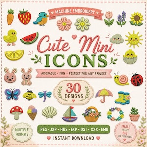 Pode incluir: Uma coleção digital de 30 desenhos de bordado à máquina com mini ícones, incluindo uma cenoura, morango, pássaro, flores, melancia, sol, pintinho, coelho, borboleta, abelha, caracol, joaninha, cogumelo, sorvete, concha, barco e cesta.