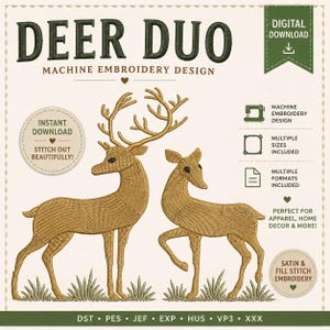 May include: A digital machine embroidery design titled DEER DUO featuring a buck and a doe in gold thread standing in grass. The graphic includes text labels for instant download, multiple sizes, multiple formats, and satin and fill stitch.