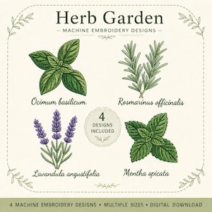 Könnte beinhalten: Eine digitale Sammlung von vier Maschinenstickmustern mit dem Titel Herb Garden. Das Set enthält Illustrationen von Basilikum, Rosmarin, Lavendel und Minze mit ihren botanischen Namen. Ein zentrales Abzeichen zeigt an, dass 4 Designs enthalten sind.