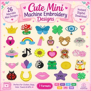 Mini Machine Embroidery Designs – Kawaii Lucky Charms, Animals, Icons (Digital Download)