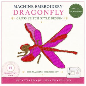 Borduurontwerp libelle – Levendig magenta, rode accenten, kruissteekstijl (digitale download)