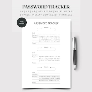 Puede incluir: Un rastreador de contraseñas imprimible en blanco con secciones para sitio web, correo electrónico, nombre de usuario, contraseña y notas. Un bolígrafo negro y plateado descansa a la derecha. El texto "PASSWORD TRACKER" está en la parte superior.