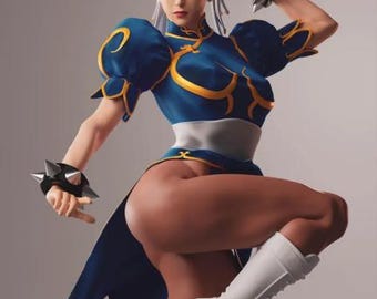 May include: A detailed figurine of a woman in a dynamic fighting pose. She wears a blue and gold dress, white boots, and spiked wristbands. Her hair is styled in buns. The figure is set against a neutral background.