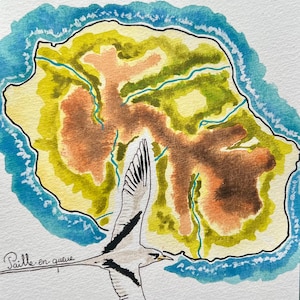 Original Aquarellkarte der Insel Réunion und ihres Tropikvogels