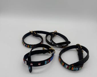 5 Handmade Beaded Leather Dog Collars, African Maasai Bead Collars, Adjustable Pet Boho Accessory