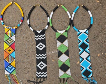 Beaded Long Pendant Necklace, Handmade Bead Statement Necklace, African Tribal Jewelry, Gift for Her