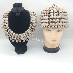 Set di cappello e collana in conchiglia di ciprea, berretto a corona tribale africano fatto a mano, copricapo in conchiglia da festival