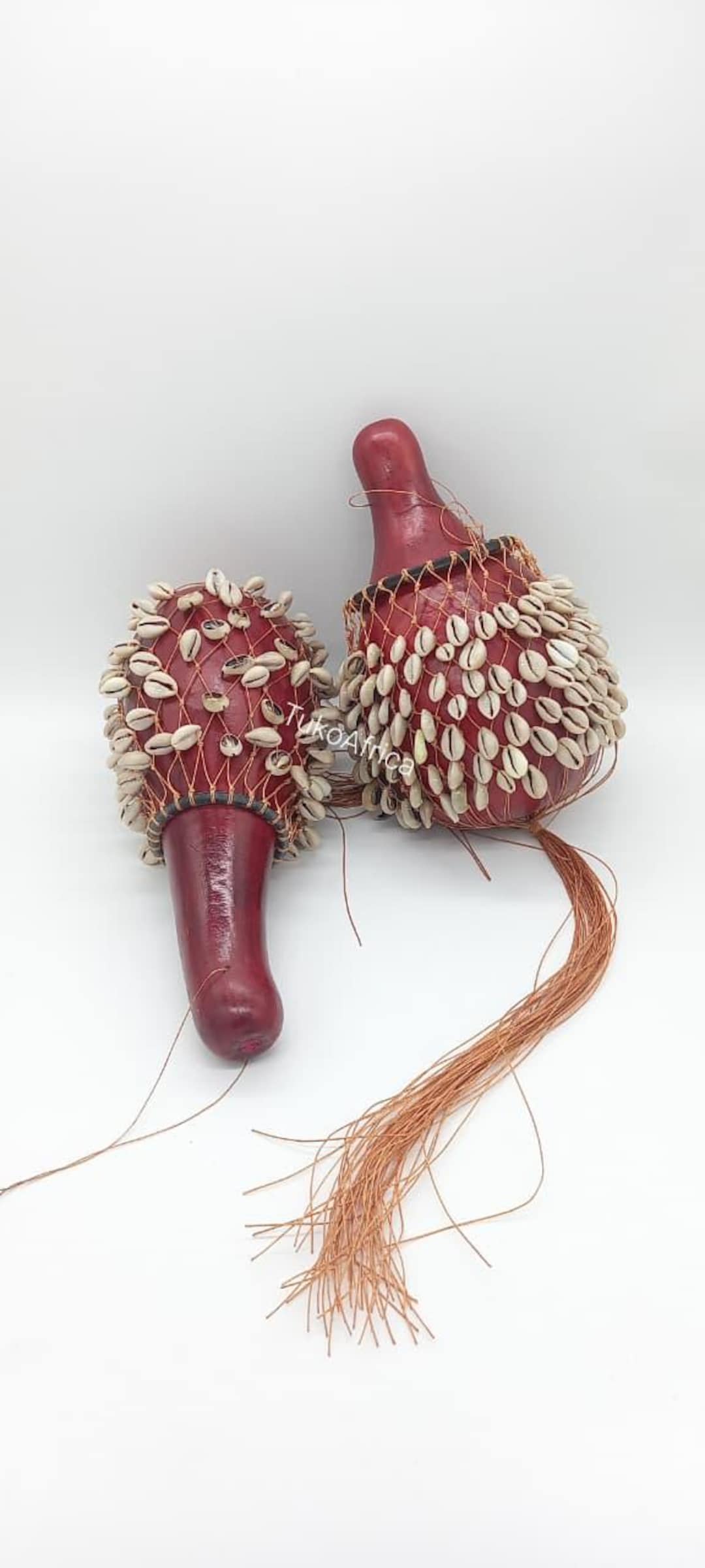 2 African Cowrie Shell Gourd Rattles, Handmade Tribal Percussion ...