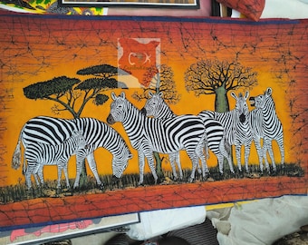 Batik de cebra, Batik de familia de cebras, Batik de animales salvajes, Decoración de pared, Decoración del hogar, Decoraciones hechas a mano, Obra de arte, Batik africano keniano, Regalo
