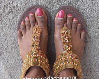 Sandalia de gladiador de cuero con cuentas hecha a mano, calzado tribal africano masai bohemio con cuentas para festivales.