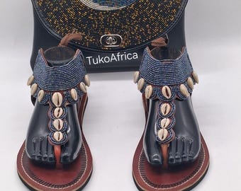 Handmade Cowrie Shell Sandals and Beaded Leather Clutch Bag Statement Women's Footwear and Handbag