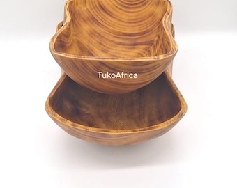 Ensemble de 2 bols en bois sculpté à la main | Bols de service en bois naturel | Décoration rustique pour la cuisine et la maison