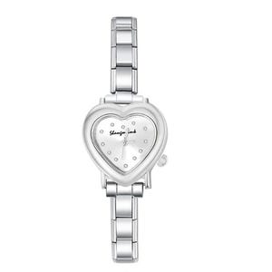 May include: A silver-toned wristwatch with a heart-shaped face. The watch face is white with small, round markers and the text "Shangfa ink". The watch band is made of linked metal segments.