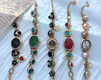 Vintage charm watch bracelet for woman,colorful watch jewelry,Y2K gemstone watch,pearl watch bracelet,elegant wrist watch,christmas gift
