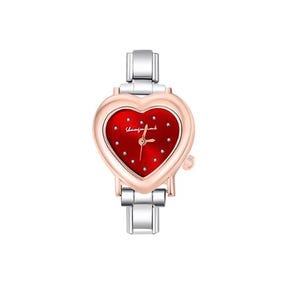 May include: A heart-shaped wristwatch with a red face and silver band. The watch face has small, sparkling accents and the text "Shining Time". The watch has a rose gold bezel and a silver band.