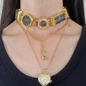 Gold Ton Vintage Uhr Anhänger Halskette, Multi Zifferblatt mit Rose Charme, Herz Anhänger Halskette, Retro Stacked Kette, Geschenk Schmuck