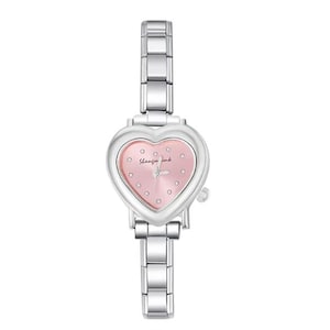 May include: A silver-toned wristwatch with a heart-shaped face and a pink dial. The watch features a linked metal band and small, decorative crystals. The watch face has the text "Shannon Lamb".