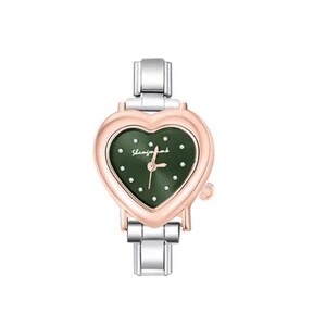 May include: A heart-shaped wristwatch with a rose gold bezel and a dark green face. The watch face has small, white dot hour markers and the text "Shamfomomb". The watch band is silver-toned metal.