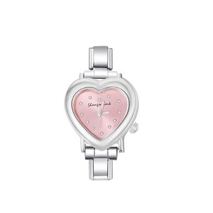 May include: A silver-toned wristwatch with a heart-shaped face. The watch face is pink with small dot hour markers and the text "Shanfan look". The watch band is also silver-toned.