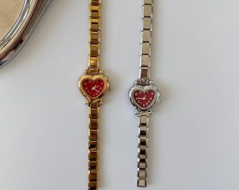 Red Heart Modular Watch, Modular Bracelet Wrist Watch, Gold Silver Metal Ladies Watch, Vintage Quartz Wristwatch, Valentine's Day Gift