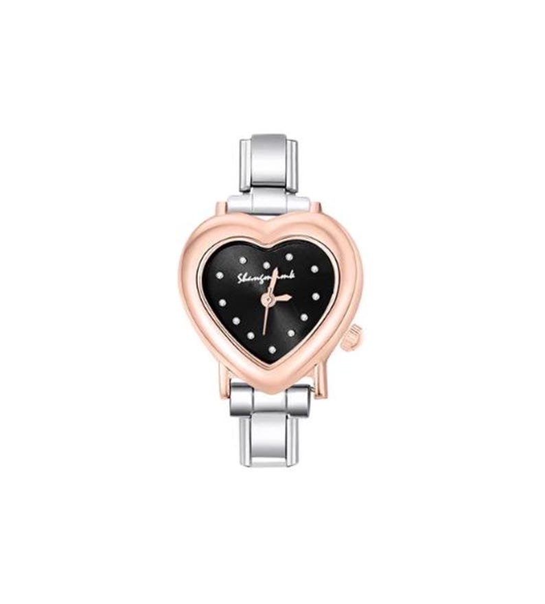 May include: A heart-shaped wristwatch with a black face and silver and rose gold accents. The watch face has small white dots and the brand name "Shenfongmb" in cursive. The watch has a silver band.