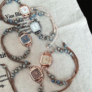 Vintage small square plate bracelet watch, golden small square plate watch, blue beaded bracelet watch, niche student watch, Christmas gift