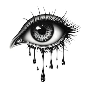 May include: A monochrome illustration of an eye with long eyelashes and tear drops. The eye is detailed with shading and highlights, creating a realistic appearance. The tear drops are glossy and reflect light.
