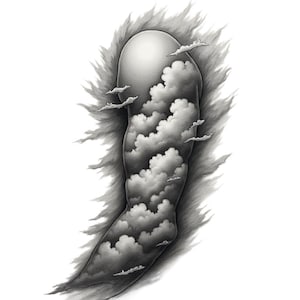 Op de afbeelding: Gedetailleerde zwart-wit illustratie van een arm met een wolkenlandschap. De arm is gevuld met zachte wolken, met kleine, gestileerde wolken die eromheen zweven. Het kunstwerk heeft een surrealistische, dromerige kwaliteit.