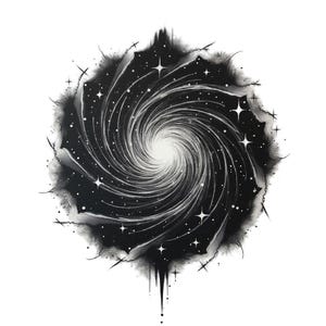 May include: A monochrome illustration depicting a swirling galaxy or vortex. The image shows a bright white central point with radiating lines and numerous stars, set against a dark, nebulous backdrop. The design has a cosmic or abstract theme.