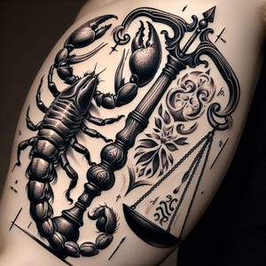 May include: Black and white tattoo design featuring a scorpion and a balance scale. The scorpion is detailed with textured segments and claws. The scale has intricate details, with chains and a decorative handle. Floral and ornamental elements complete the design.