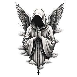 Beschermengel en rozenkrans – zwart-grijze tattoo-stencil 4K, png-bestand (direct downloaden)