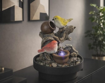 Bird Tabletop Fountain, Zen Waterfall Desk Decor, LED Light, Meditation Relaxation