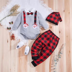 Baby Boy Christmas Outfit | Santa Suspender Romper Set | Plaid Pants & Hat | Holiday Photo Outfit | Festive Winter Clothes Gift for Infant